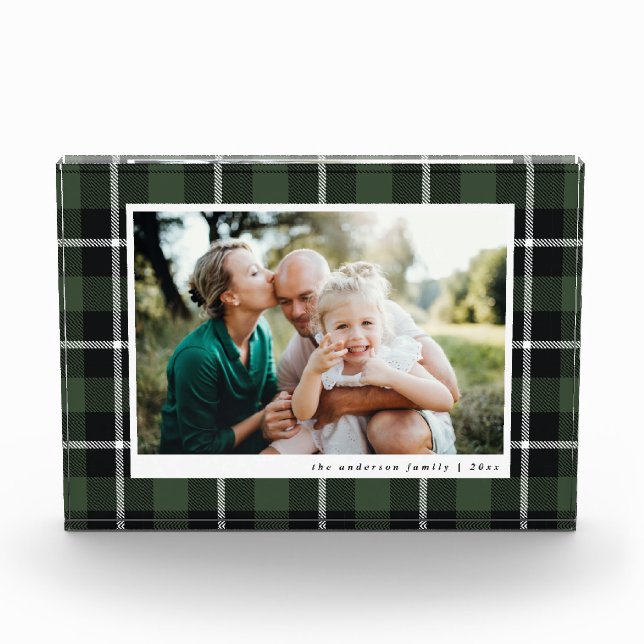 Green modern rustic tartan check family photo block (Front)