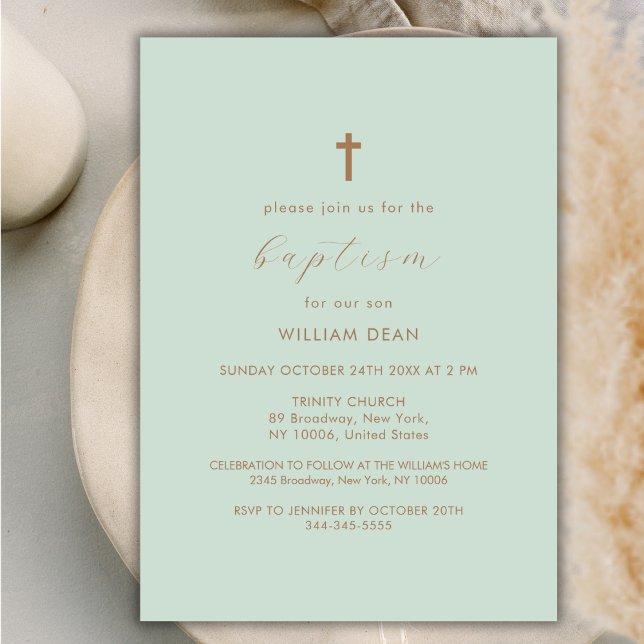 Green Modern Script Boho Gold Cross Baptism Invitation (Green Modern Script Boho Gold Cross Baptism Invitation)