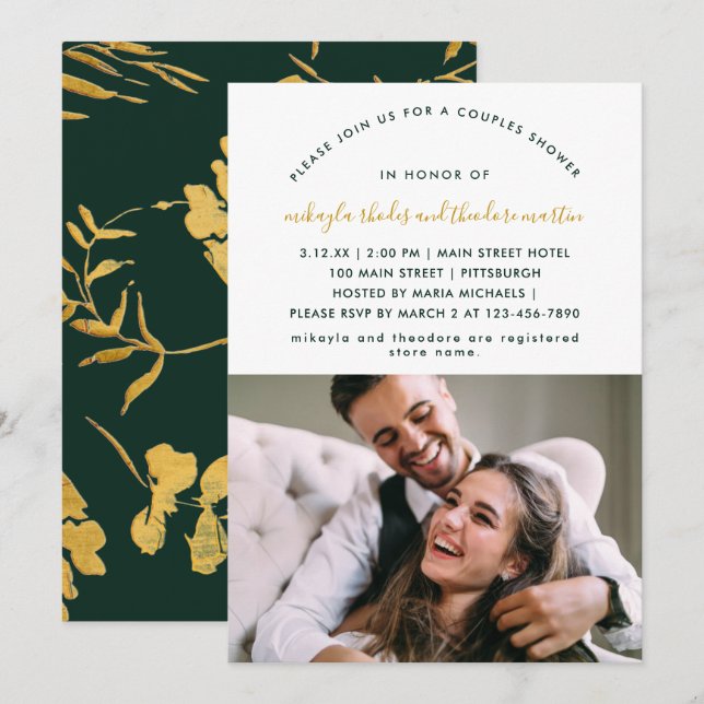 Green Modern Script Couples Shower Faux Gold Photo Invitation (Front/Back)
