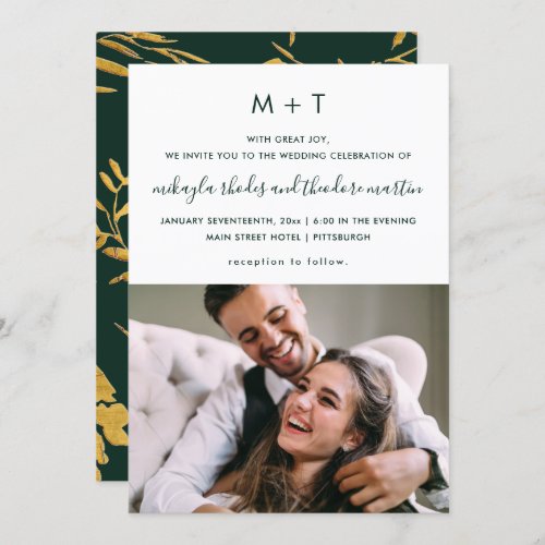 Green Modern Script Faux Gold Photo Wedding Invitation