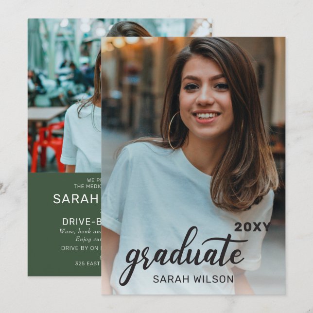 Green Modern Script Graduate Two Photos Drive By Invitation (Front/Back)