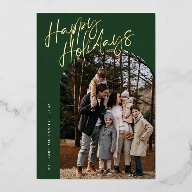 Green Modern Script Happy Holidays Arch 2 Photo Foil Holiday Card (Front)