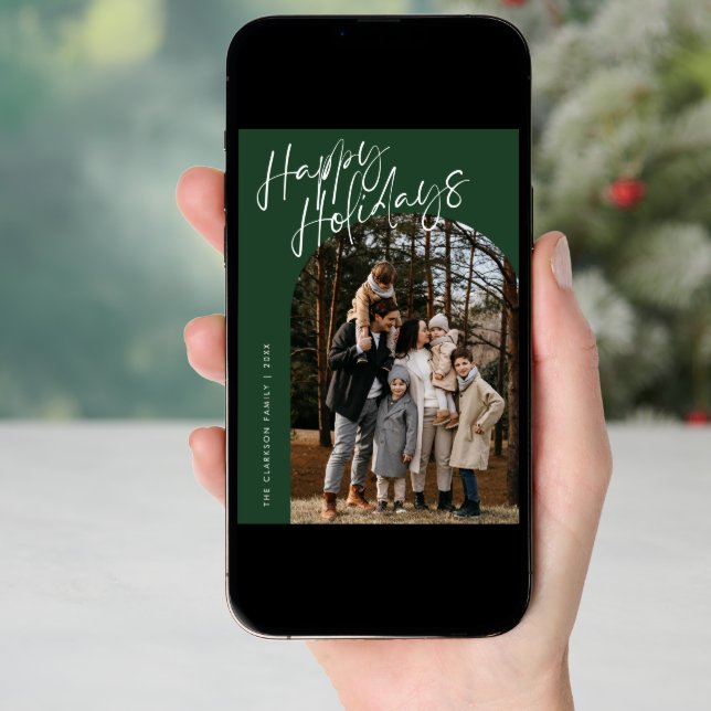 Green Modern Script Happy Holidays Arch 2 Photo Holiday Card (Front Digital)