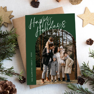Green Modern Script Happy Holidays Arch 2 Photo Holiday Card