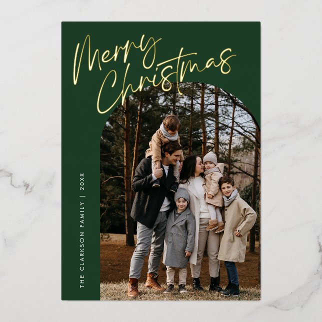 Green Modern Script Merry Christmas Arch 2 Photo Foil Holiday Card (Front)