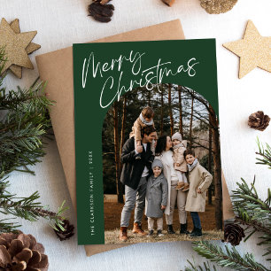 Green Modern Script Merry Christmas Arch 2 Photo Holiday Card