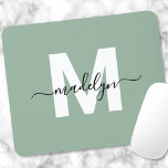 Green Modern Script Name Monogram Mouse Pad<br><div class="desc">Personalized Sage Green Initial Monogram Mouse Pad. Add a touch of elegance to your workspace with this stylish mouse pad. Featuring a soft sage green background, a crisp white initial letter, and a sleek black script name, this design is perfect for anyone who loves a clean and modern yet calming...</div>