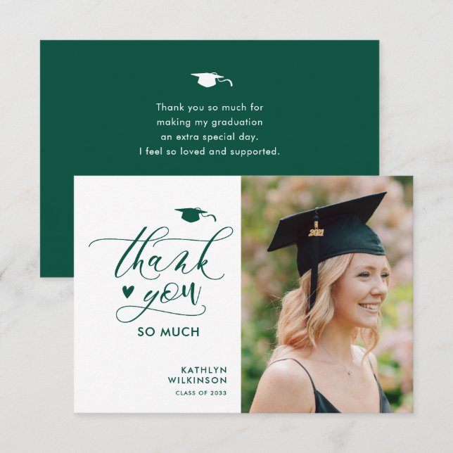 Green Modern Script Photo Minimalist Graduation Thank You Card (Front/Back)
