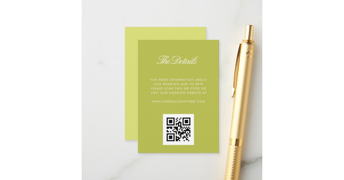 Answer Booklet Script Qr Code Photo Green Modern Script QR Code Simple Wedding Details Enclosure Card | Zazzle