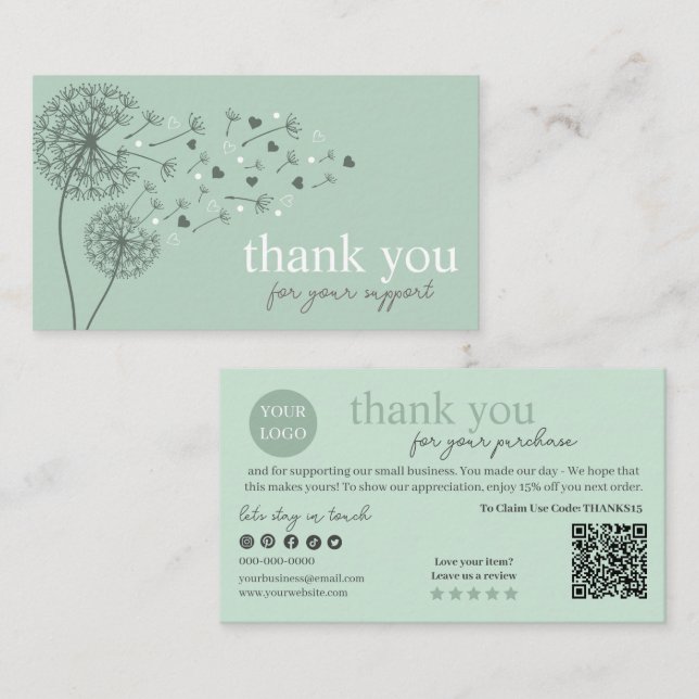 Green Modern Script QR Code, Thank You Candle Business Card (Front/Back)