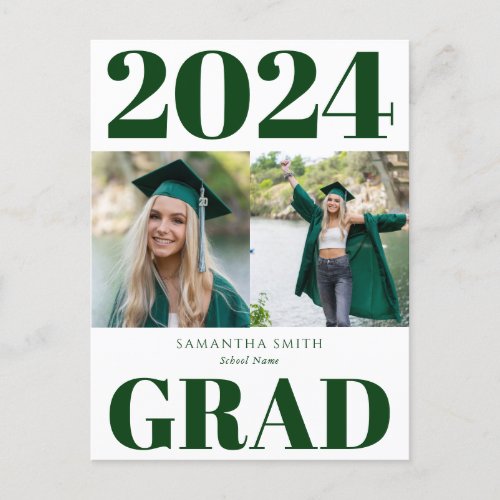 Green Modern Simple Typography 2 Photo Graduation Announcement Postcard