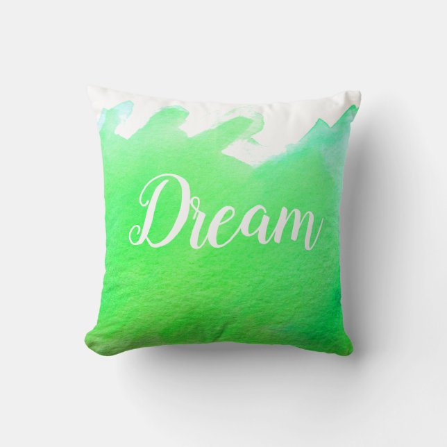 Green modern simple watercolor design with dream throw pillow (Front)