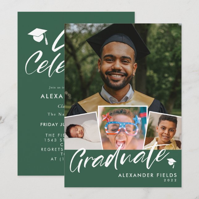 Green Modern Snapshot Collage Graduation Invitation (Front/Back)