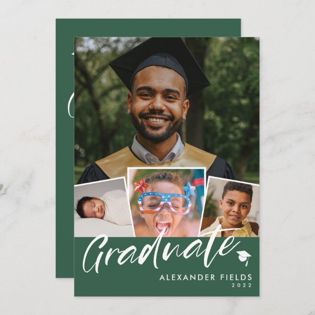 Green Modern Snapshot Collage Graduation Invitation (Front/Back)