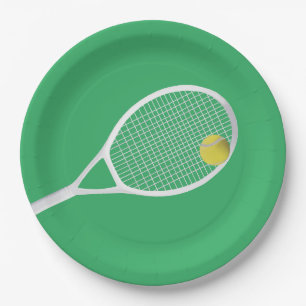 Green Modern Tennis Ball White Racket  Paper Plates