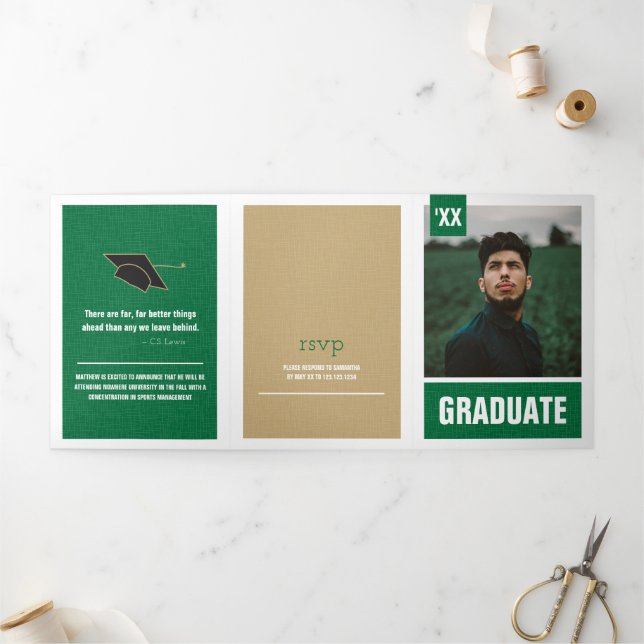 Green Modern Textured Photo Graduation Tri-Fold Invitation (Outside)