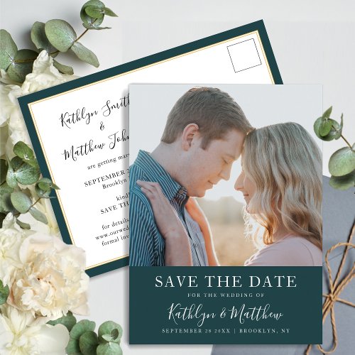 Green Modern Typography Minimalist Photo Wedding Announcement Postcard