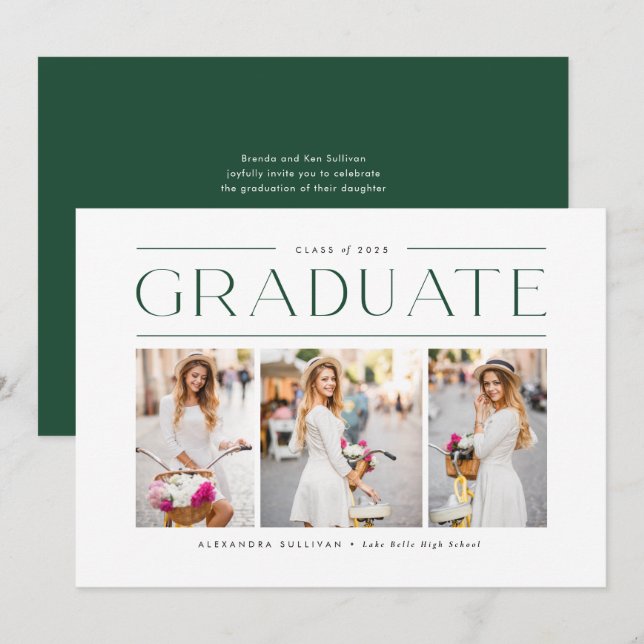 Green Modern Typography Photo Collage Graduation Invitation (Front/Back)