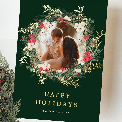 green modern wreath one photo merry christmas gold foil holiday card