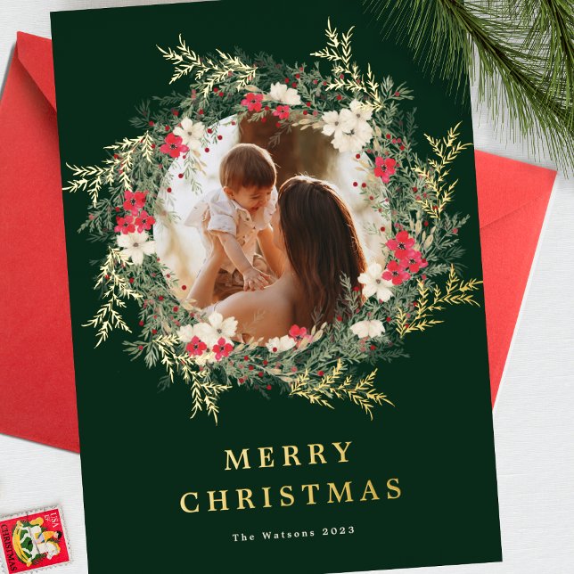 green modern wreath one photo merry christmas gold foil holiday card (Creator Uploaded)