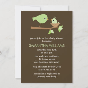 Green Mom and Baby Birds in a Nest Baby Shower Invitation