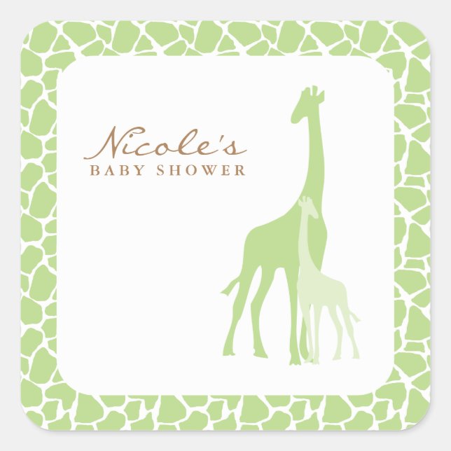 Green Mom and Baby Giraffe Baby Shower Square Sticker (Front)