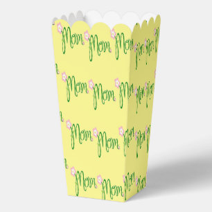 Green mom text on yellow favor boxes