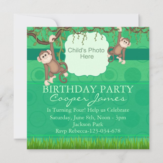 Green Monkey Fun Photo Birthday Invite (Front)