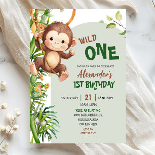 Green Monkey Wild One Safari First Birthday Invitation