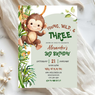 Green Monkey Young Wild Three Third Birthday Invitation