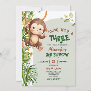 Green Monkey Young Wild Three Third Birthday Invitation