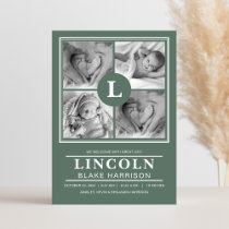 Green Monogram Baby Boy Birth Announcement Card