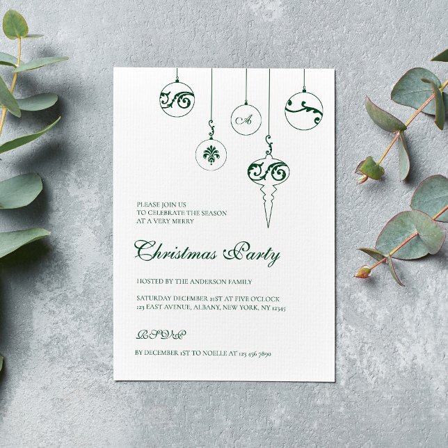 Green Monogram Bauble Ornaments Christmas Party Invitation (Creator Uploaded)