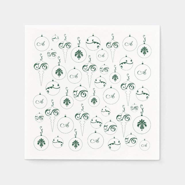 Green Monogram Bauble Ornaments Pattern Christmas Napkins (Front)