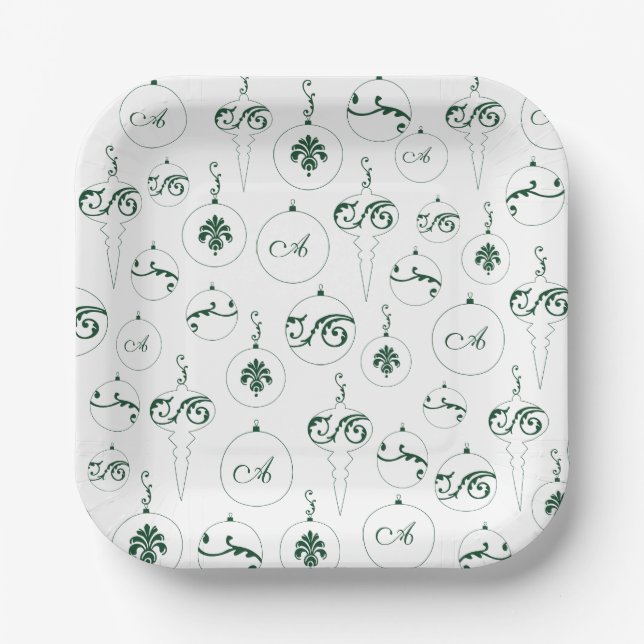Green Monogram Bauble Pattern Square Christmas Paper Plates (Front)