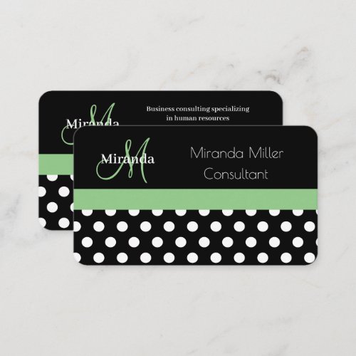 Green Monogram Black White Polka Dot Business Card