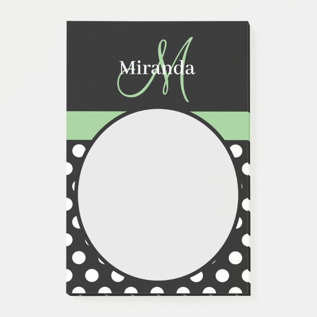 Green Monogram Black White Polka Dot Post-it Notes (Front)