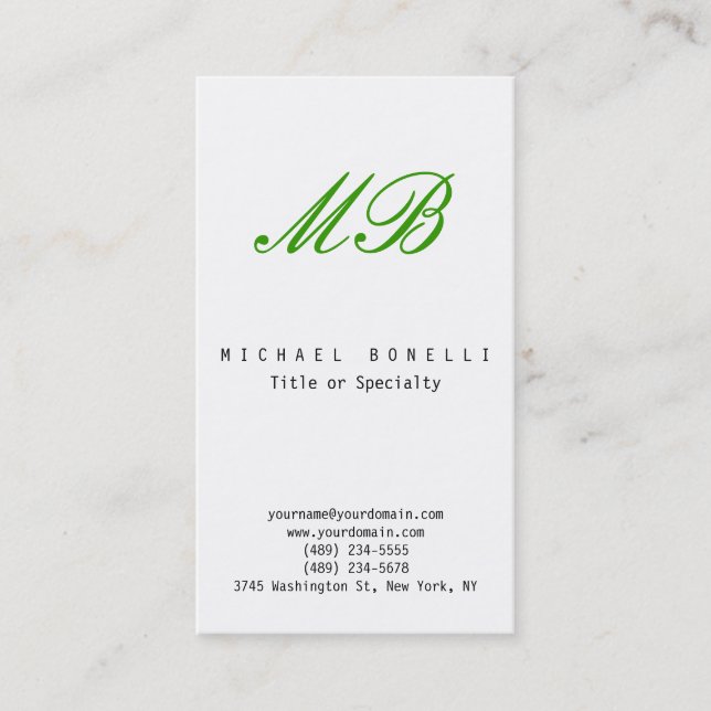 Green Monogram Black White Vertical Business Card (Front)