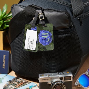 Green Monogram Blue Hydrangea Floral Luggage Tag