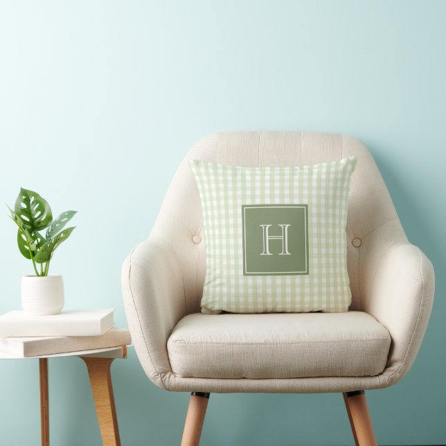 Green Monogram Gingham Pastel Buffalo Check  Throw Pillow (Chair)