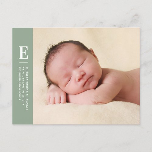 Green Monogram Initials 1_Photo Birth Announcement Postcard