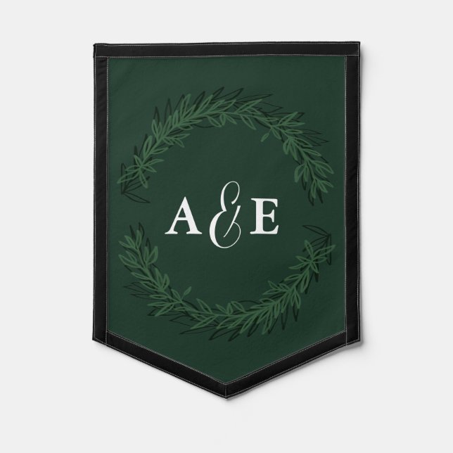 Green Monogram Initials Laurel Wreath Pennant (Front)