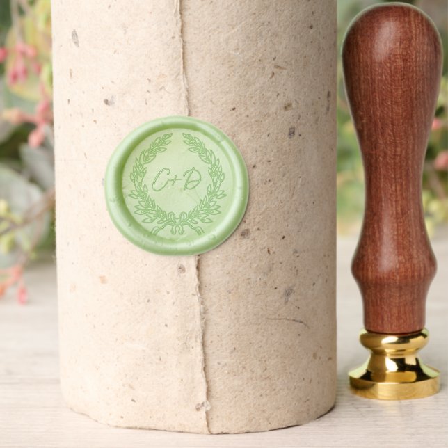 Green monogram initials wreath wedding wax seal stamp (Insitu (Parchment))