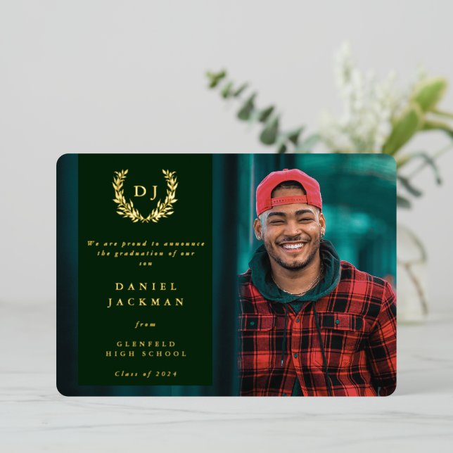 Green Monogram + Laurel Graduation Announcement (Standing Front)