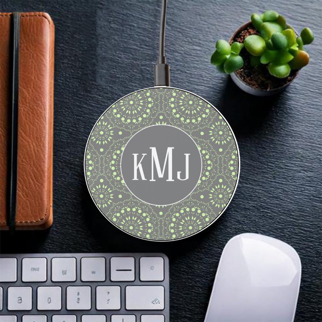 Green Monogram Pattern Personalized  Wireless Charger (Pink and grey monogram phone charger.)