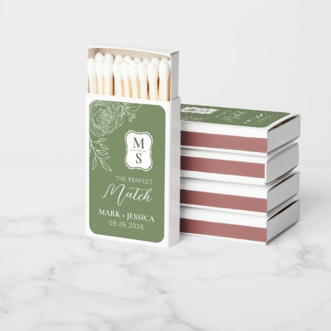 Green Monogram  Ranunculus Wedding Matchboxes (Stacked)