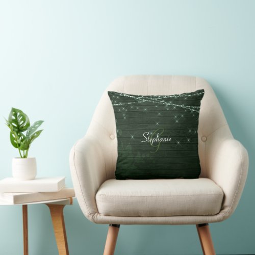 Green Monogram Stringlights Sparkle Simple Trendy Throw Pillow