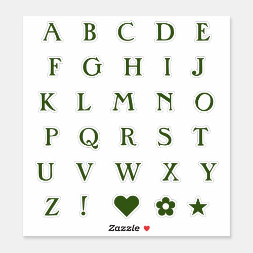 Green Monogram Text Letters  Alphabet Heart Star Sticker