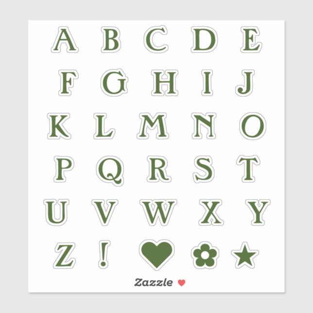 Green Monogram Text Letters | Alphabet Heart Star Sticker (Sheet)