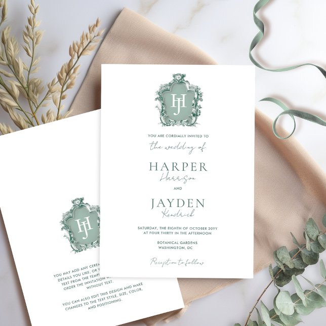 Green Monogram Timeless Elegance Formal Wedding Invitation (Creator Uploaded)